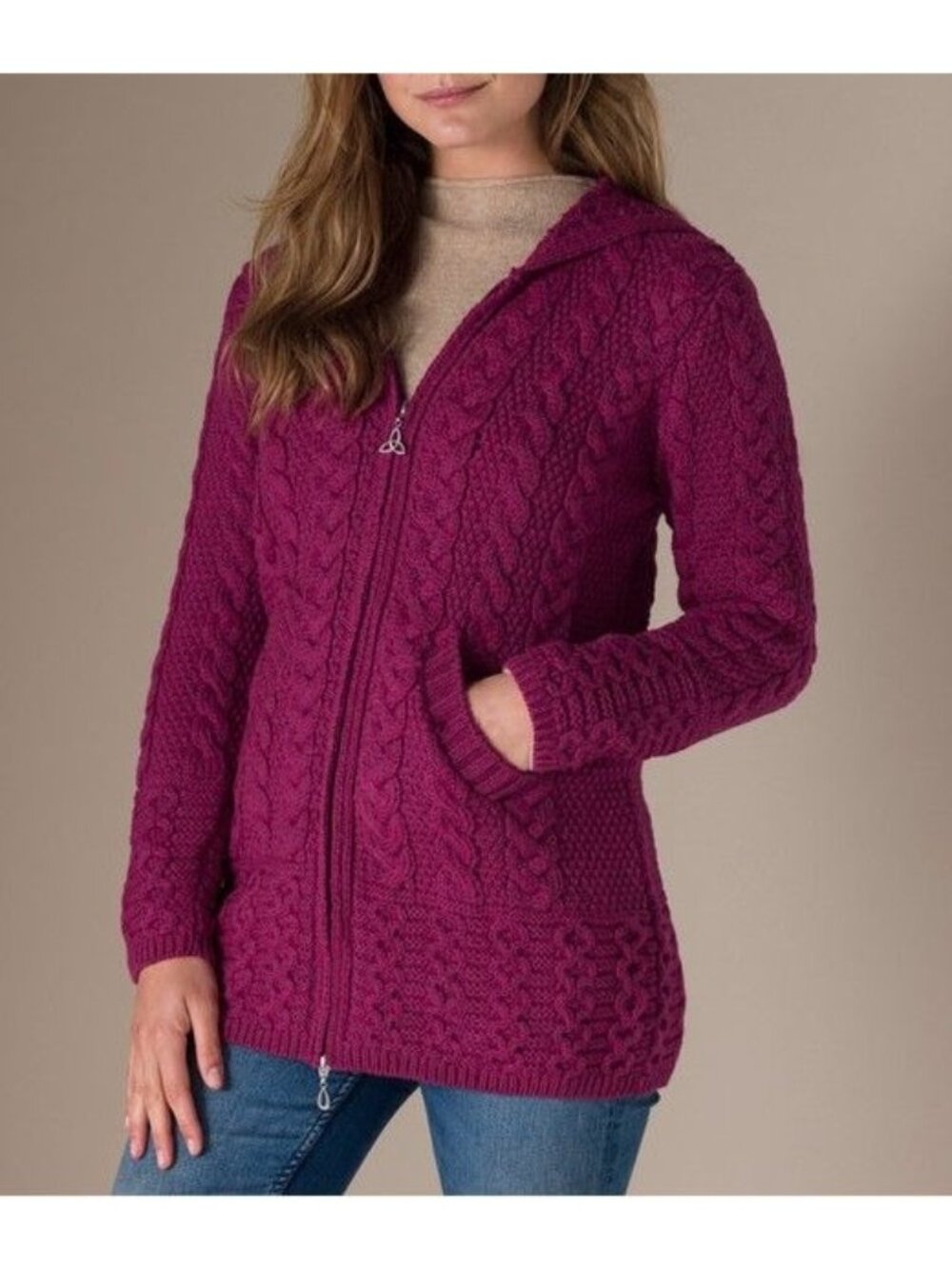 Aran Sweater Market Merino Wool Hooded Coatigan in Raspberry Size Medium